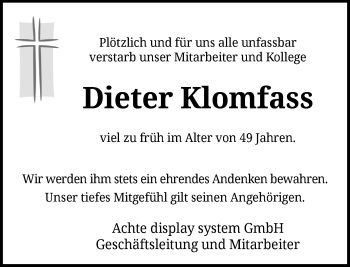 Traueranzeige von Dieter Klomfass von Rheinische Post