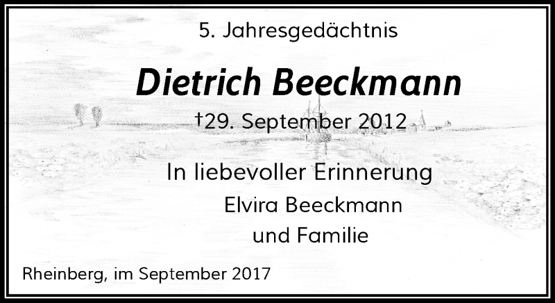  Traueranzeige für Dietrich Beeckmann vom 29.09.2017 aus Rheinische Post