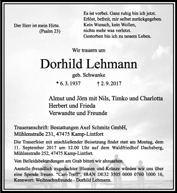 Traueranzeige von Dorhild Lehmann von Rheinische Post