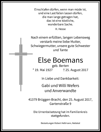 Traueranzeige von Else Boemans von Rheinische Post