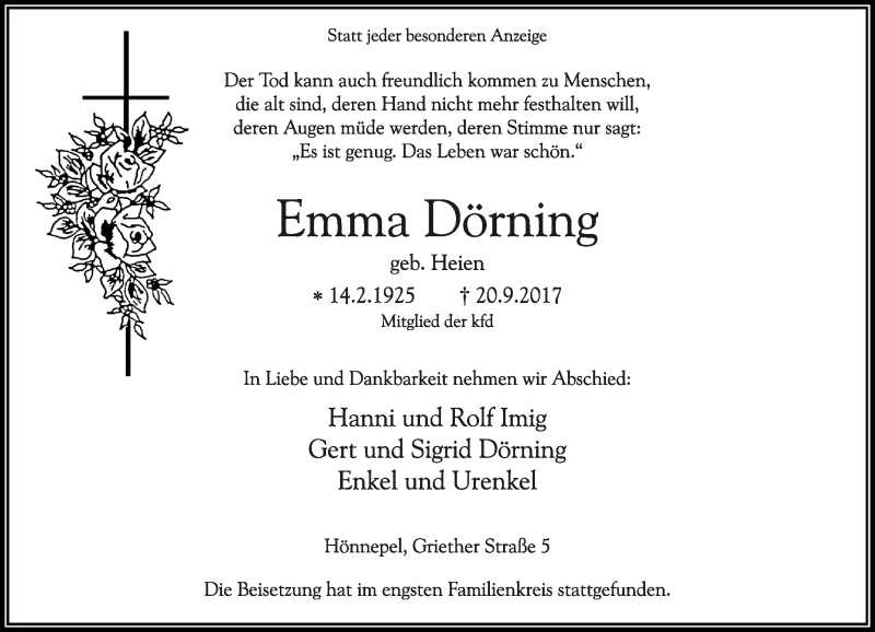  Traueranzeige für Emma Dörning vom 29.09.2017 aus Rheinische Post