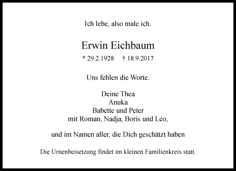  Traueranzeige für Erwin Eichbaum vom 25.09.2017 aus Rheinische Post