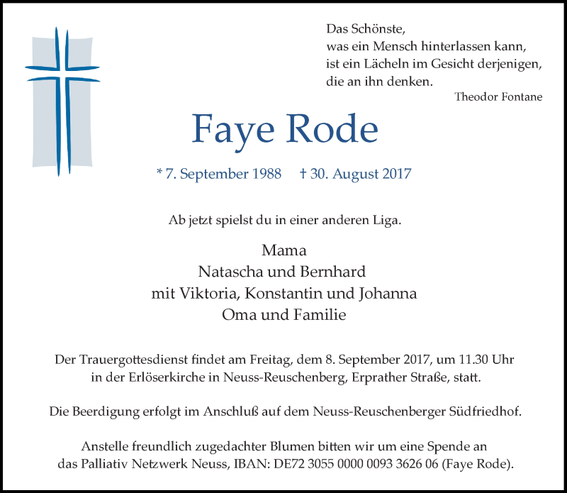  Traueranzeige für Faye Rode vom 02.09.2017 aus Rheinische Post