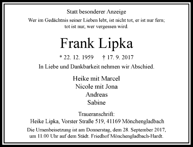  Traueranzeige für Frank Lipka vom 23.09.2017 aus Rheinische Post