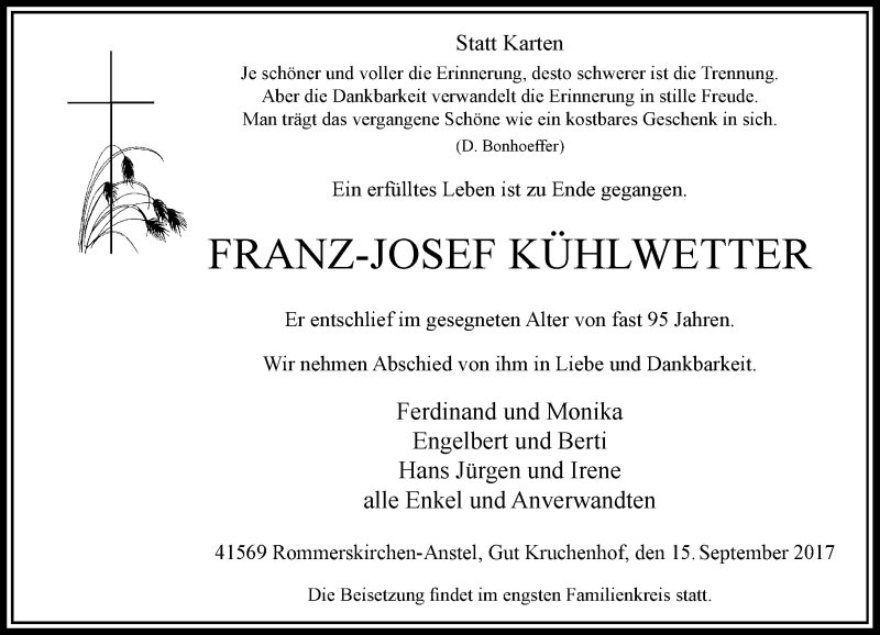  Traueranzeige für Franz-Josef Kühlwetter vom 25.09.2017 aus Rheinische Post
