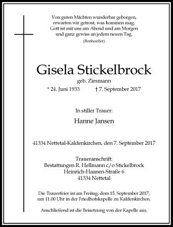 Traueranzeige von Gisela Stickelbrock von Rheinische Post