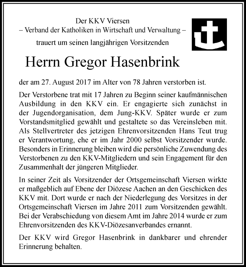  Traueranzeige für Gregor Hasenbrink vom 02.09.2017 aus Rheinische Post