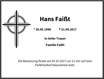 Traueranzeige von Hans Faißt von Rheinische Post