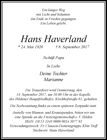 Traueranzeige von Hans Haverland von Rheinische Post