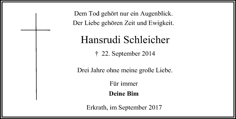  Traueranzeige für Hansrudi Schleicher vom 22.09.2017 aus Rheinische Post