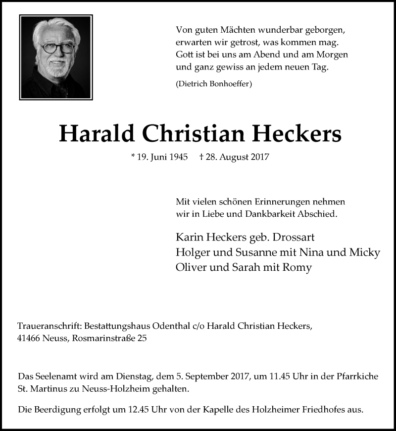  Traueranzeige für Harald Christian Heckers vom 02.09.2017 aus Rheinische Post