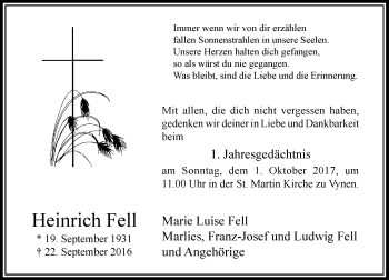 Traueranzeige von Heinrich Fell von Rheinische Post