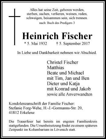 Traueranzeige von Heinrich Fischer von Rheinische Post