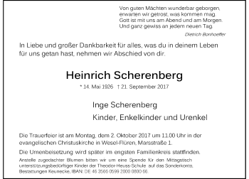 Traueranzeige von Heinrich Scherenberg von Rheinische Post