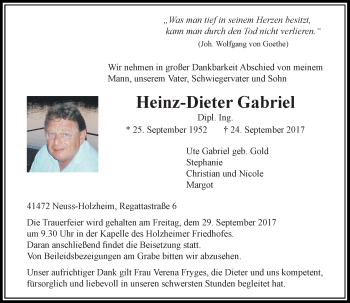 Traueranzeige von Heinz-Dieter Gabriel von Rheinische Post