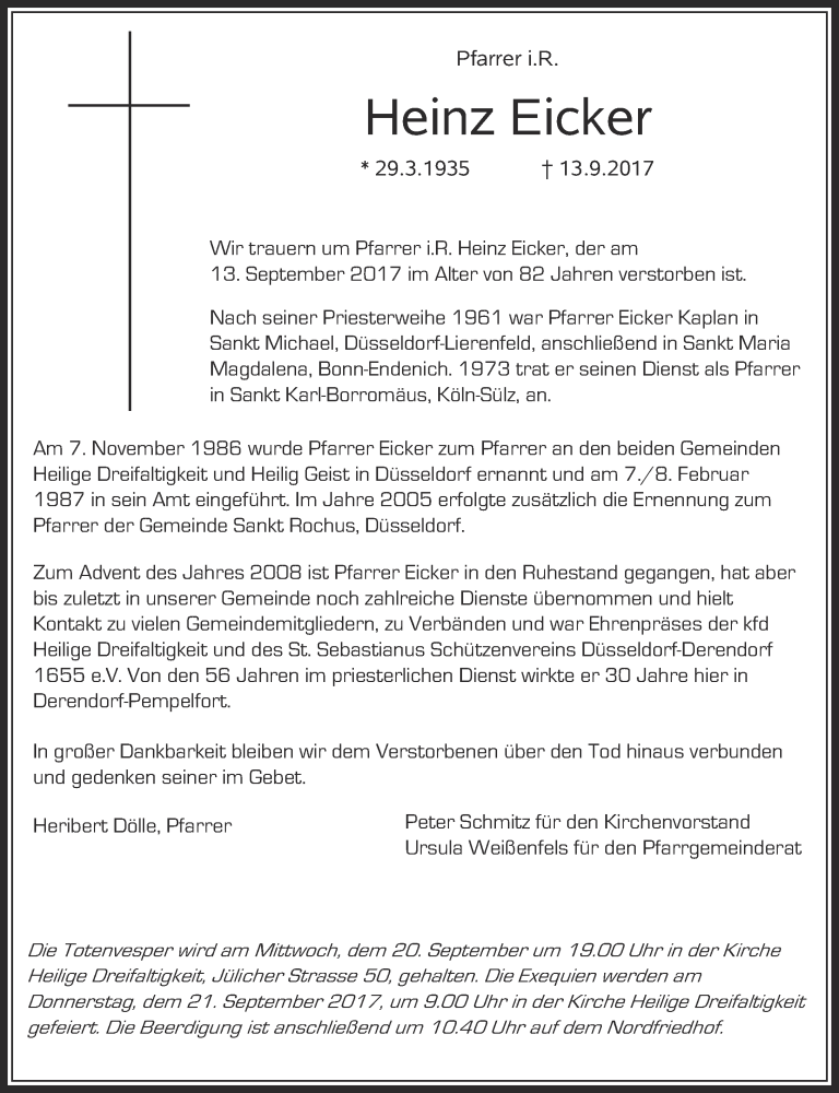  Traueranzeige für Heinz Eicker vom 16.09.2017 aus Rheinische Post