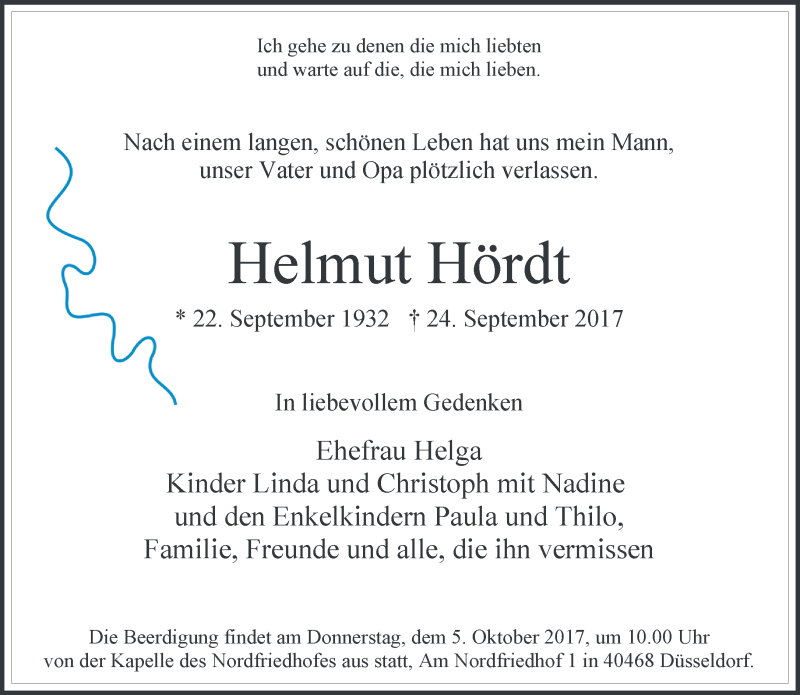  Traueranzeige für Helmut Hördt vom 30.09.2017 aus Rheinische Post