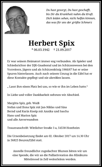 Traueranzeige von Herbert Spix von Rheinische Post