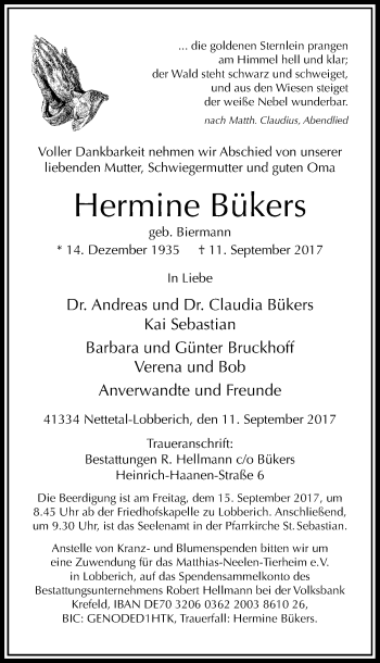 Traueranzeige von Hermine Bükers von Rheinische Post