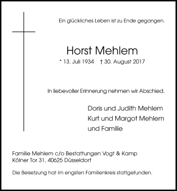 Traueranzeige von Horst Mehlem von Rheinische Post