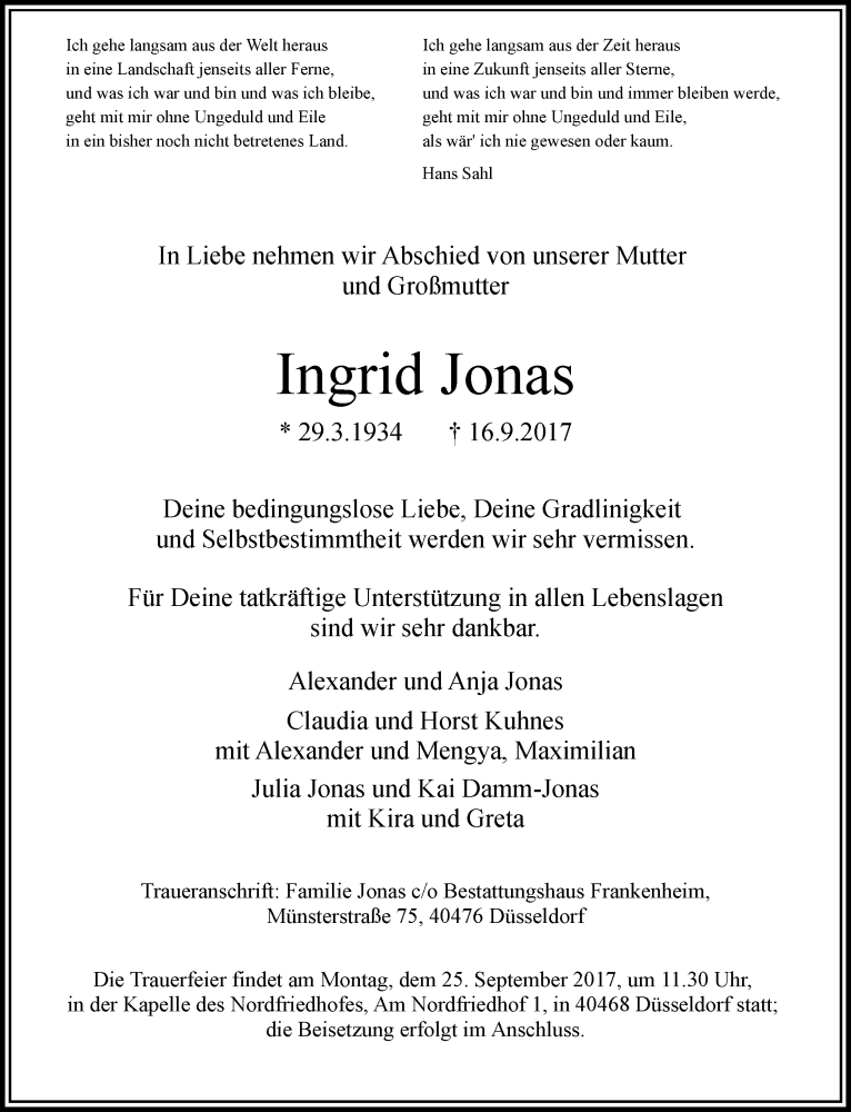  Traueranzeige für Ingrid Jonas vom 20.09.2017 aus Rheinische Post