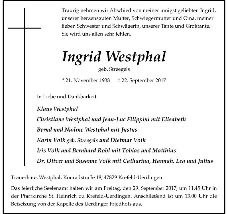  Traueranzeige für Ingrid Westphal vom 27.09.2017 aus Rheinische Post