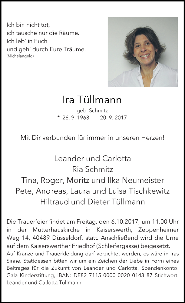  Traueranzeige für Ira Tüllmann vom 30.09.2017 aus Rheinische Post