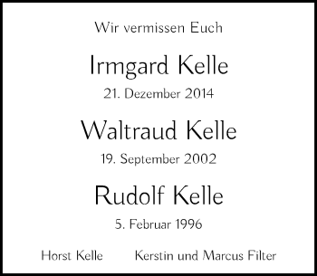 Traueranzeige von Irmgard, Waltraud und Rudolf Kelle von Rheinische Post