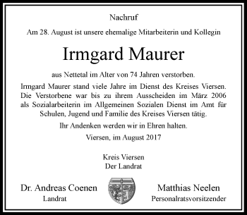 Traueranzeige von Irmgard Maurer von Rheinische Post