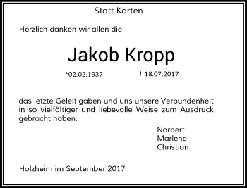 Traueranzeige von Jakob Kropp von Rheinische Post