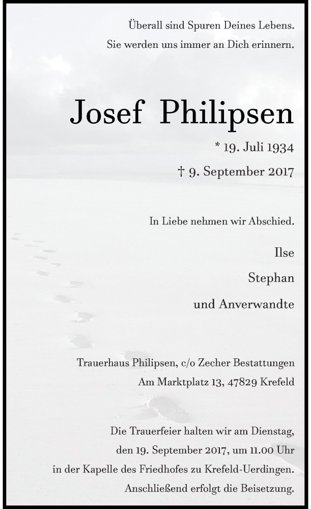  Traueranzeige für Josef Philipsen vom 16.09.2017 aus Rheinische Post
