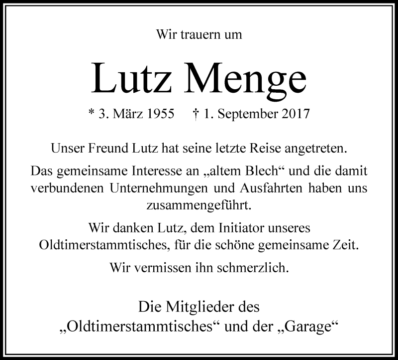  Traueranzeige für Lutz Menge vom 09.09.2017 aus Rheinische Post