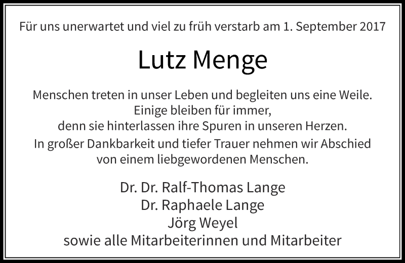  Traueranzeige für Lutz Menge vom 13.09.2017 aus Rheinische Post