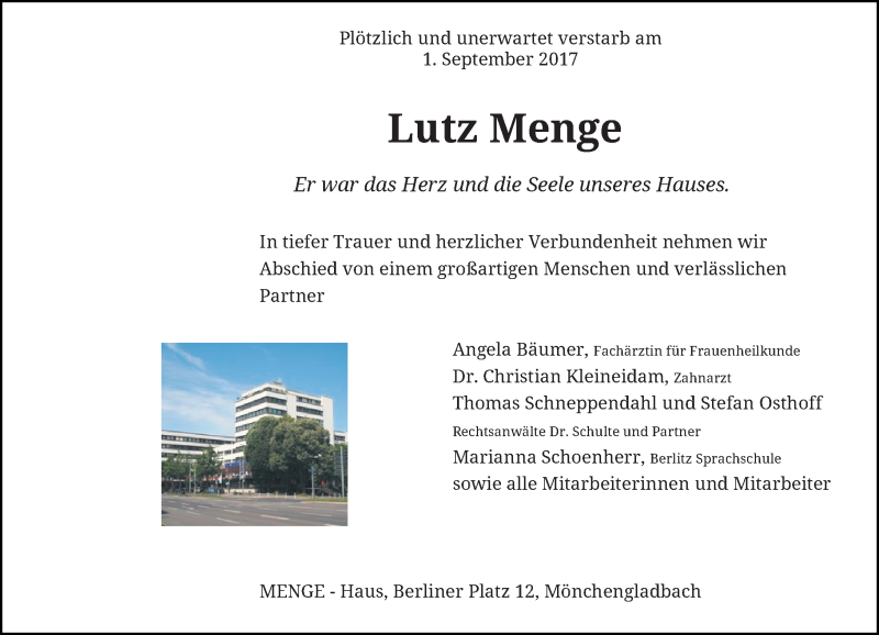  Traueranzeige für Lutz Menge vom 09.09.2017 aus Rheinische Post