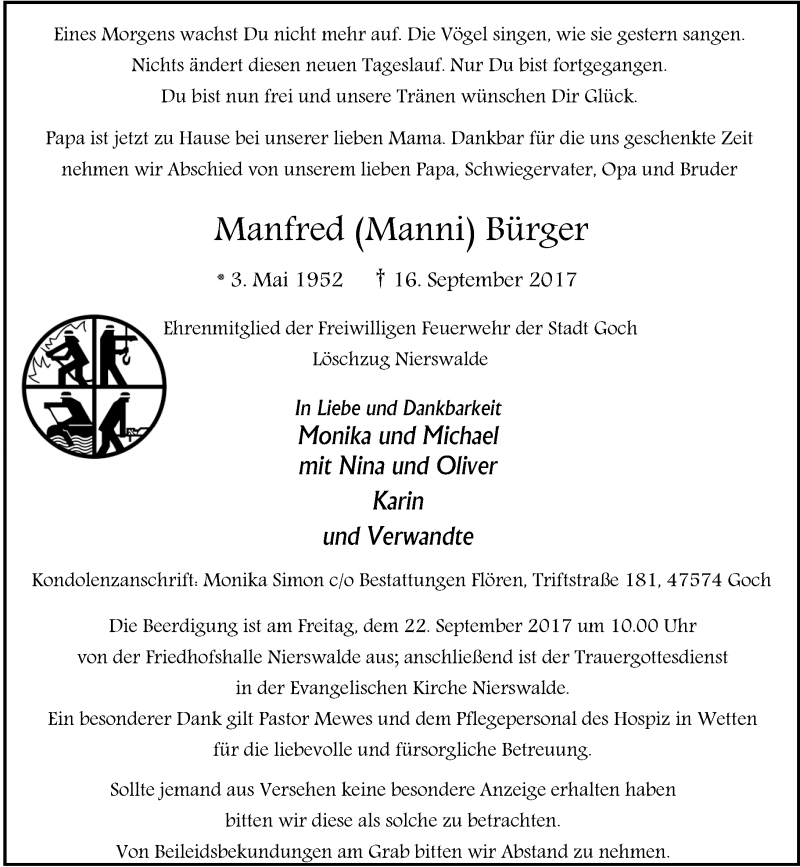  Traueranzeige für Manfred  Bürger vom 21.09.2017 aus Rheinische Post