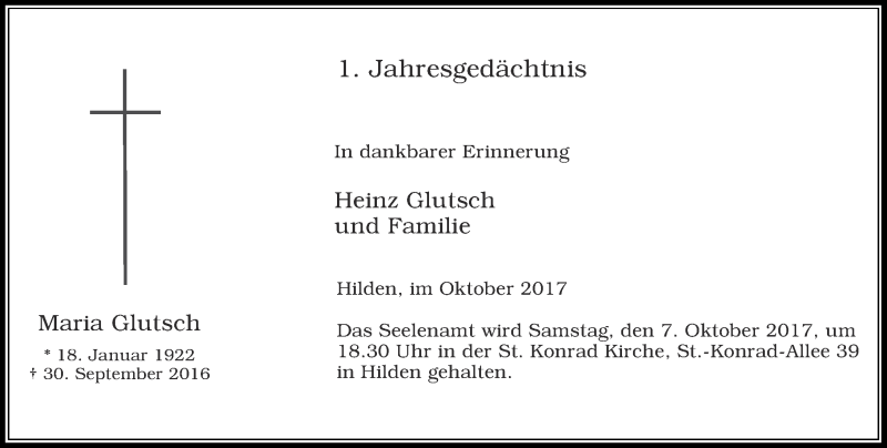  Traueranzeige für Maria Glutsch vom 03.10.2017 aus Rheinische Post
