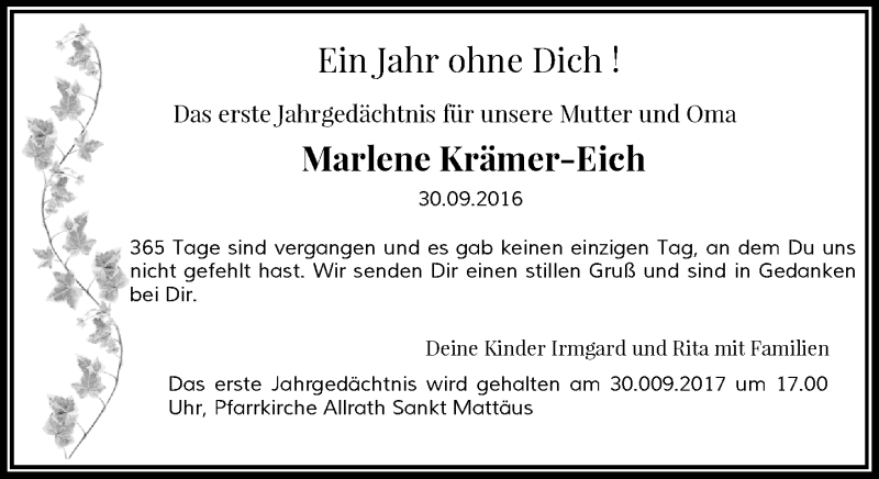  Traueranzeige für Marlene Krämer-Eich vom 23.09.2017 aus Rheinische Post
