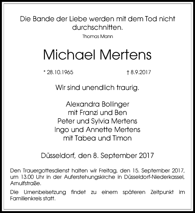  Traueranzeige für Michael Mertens vom 14.09.2017 aus Rheinische Post