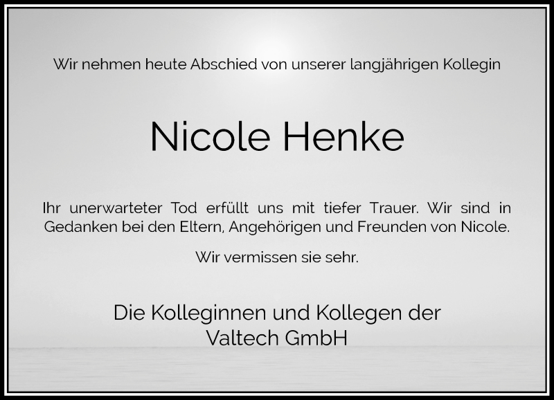  Traueranzeige für Nicole Henke vom 08.09.2017 aus Rheinische Post