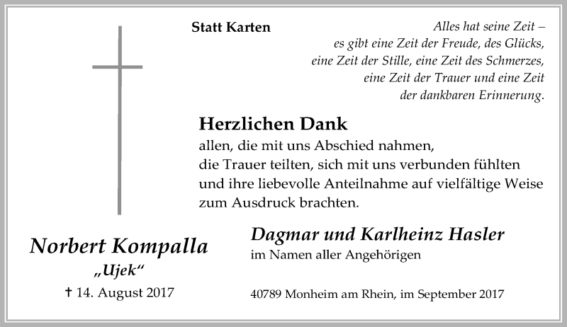  Traueranzeige für Norbert Kompalla vom 02.09.2017 aus Rheinische Post