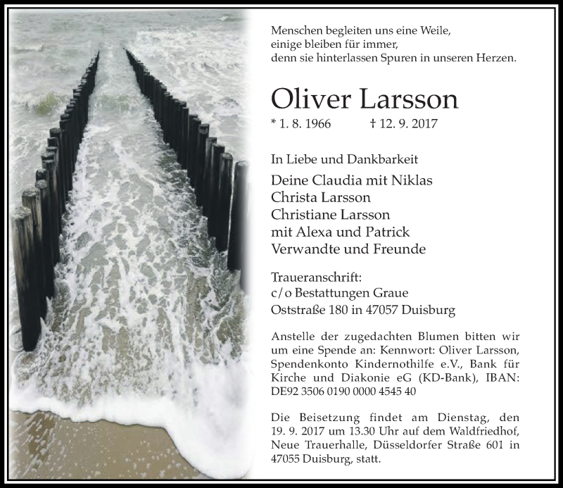  Traueranzeige für Oliver Larsson vom 16.09.2017 aus Rheinische Post