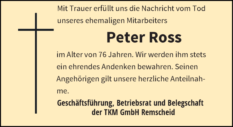  Traueranzeige für Peter Ross vom 28.09.2017 aus Rheinische Post