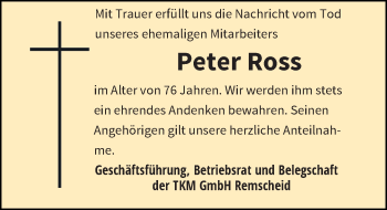 Traueranzeige von Peter Ross von Rheinische Post