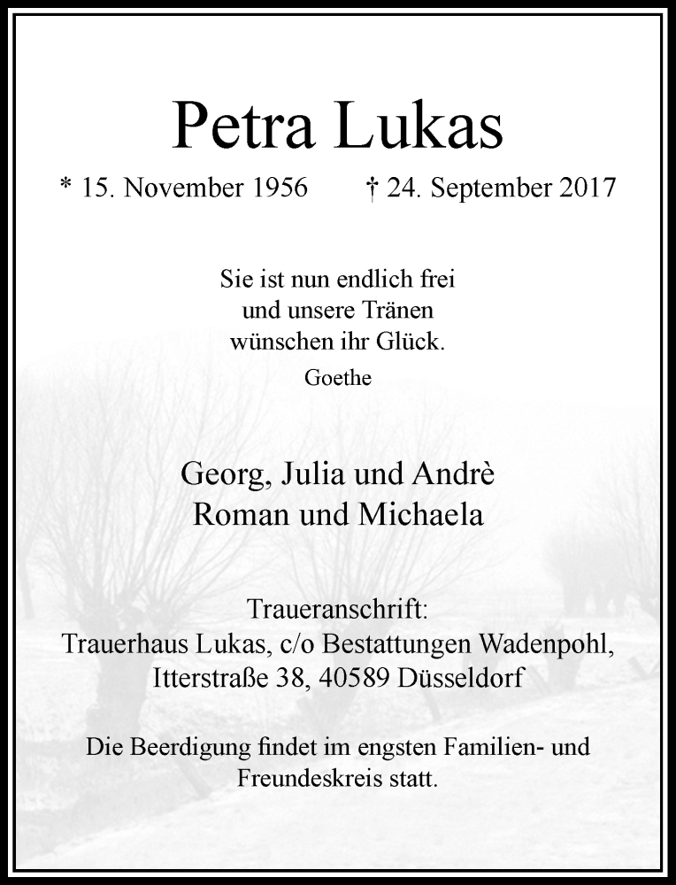  Traueranzeige für Petra Lukas vom 30.09.2017 aus Rheinische Post