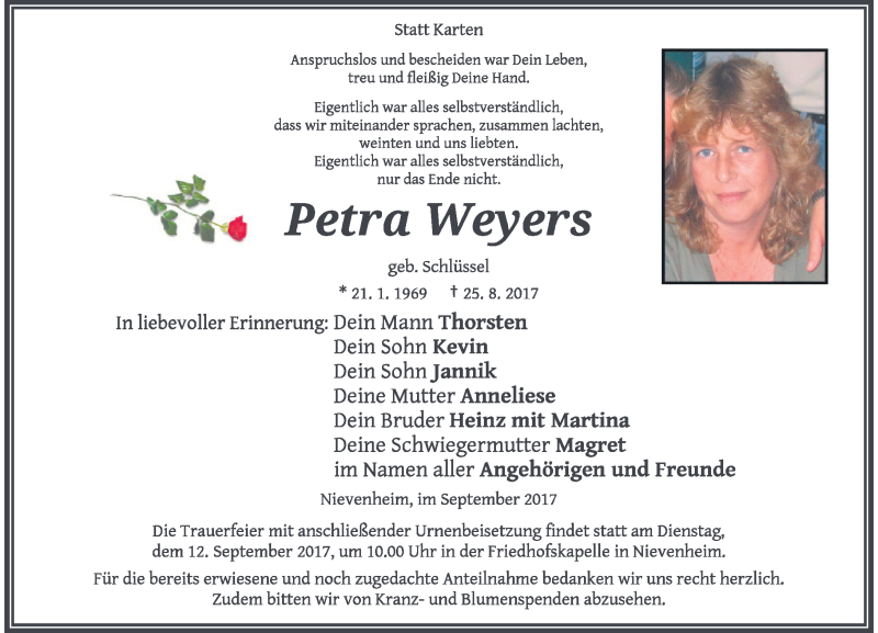  Traueranzeige für Petra Weyers vom 09.09.2017 aus Rheinische Post