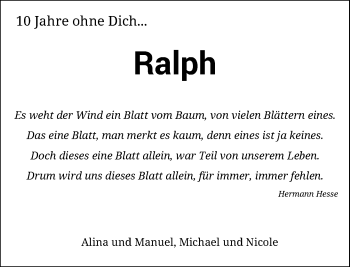 Traueranzeige von Ralph  von Rheinische Post