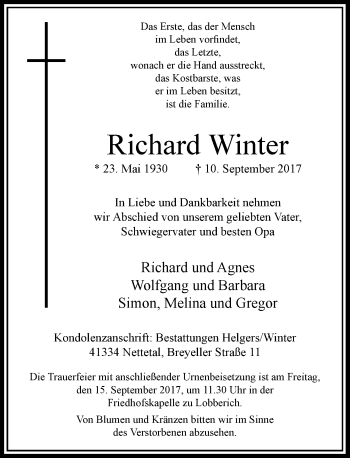 Traueranzeige von Richard Winter von Rheinische Post