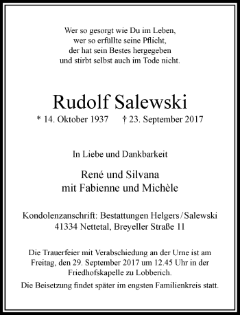 Traueranzeige von Rudolf Salewski von Rheinische Post