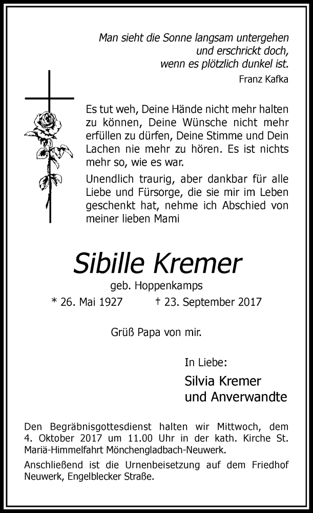  Traueranzeige für Sibille Kremer vom 30.09.2017 aus Rheinische Post