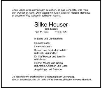 Traueranzeige von Silke Heuser von Rheinische Post